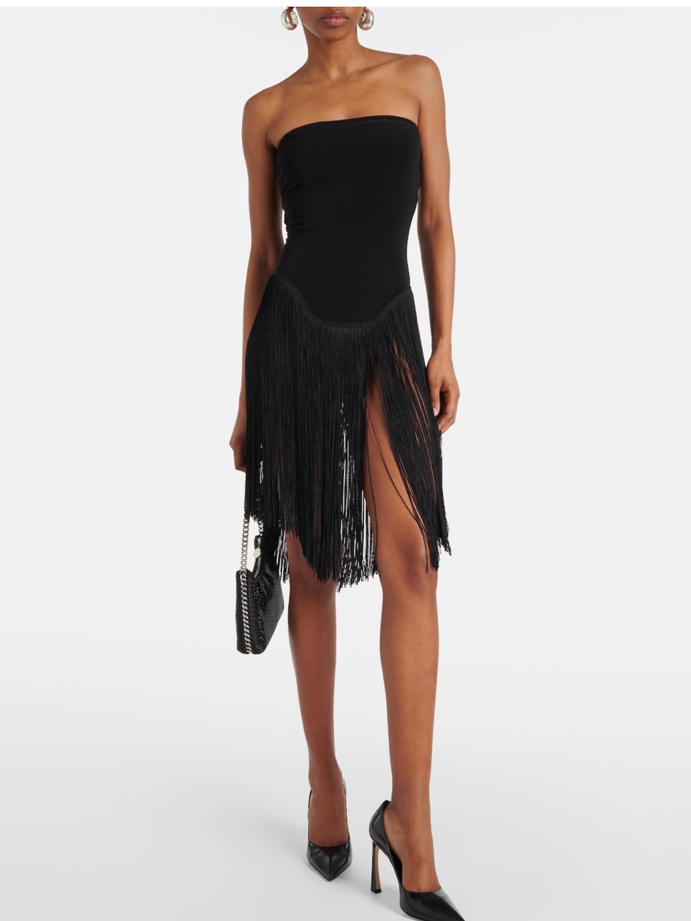 Norma Kamali Strapless Black Fringe Cocktail Dress, XS
